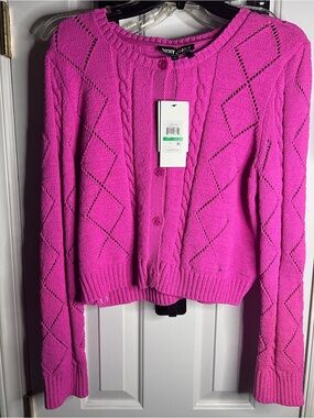 DKNY Bright Pink Cable-Pattern Button-Up Cardigan